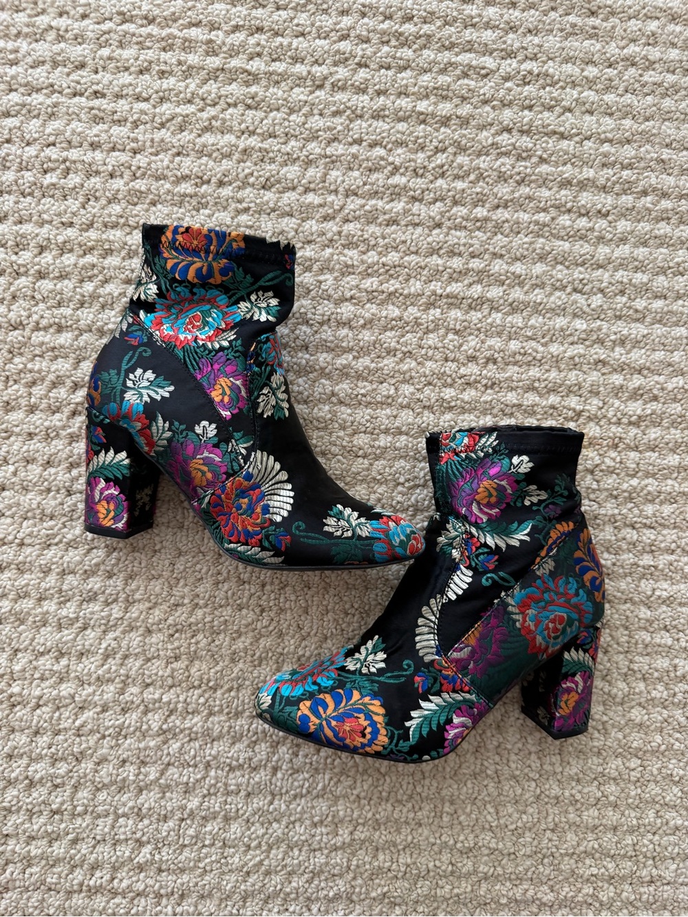 Floral Embroidered Ankle Boots - Black Multi